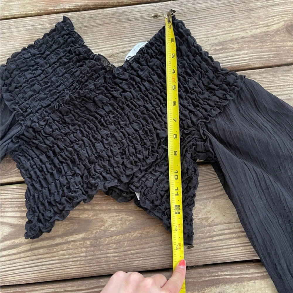 ZARA Black Smocked Cropped Long Sleeve Ruffle Blouse Size S